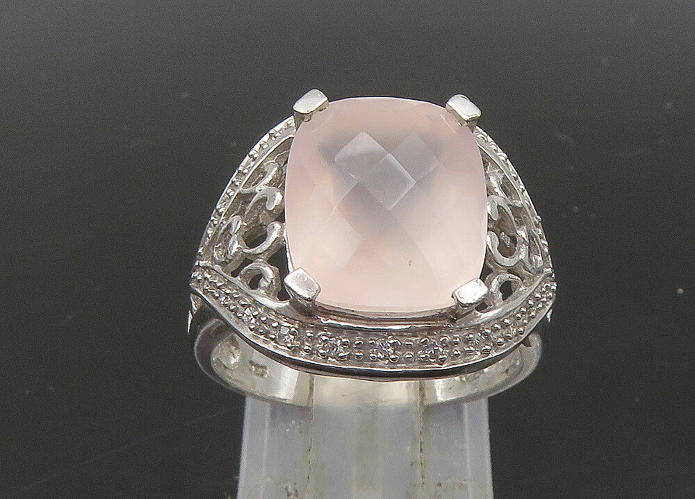 925 Silver  Vintage Rose Quartz & Diamonds Cocktail Ring Sz 7.5  RG23091