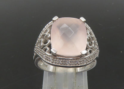 925 Silver  Vintage Rose Quartz & Diamonds Cocktail Ring Sz 7.5  RG23091