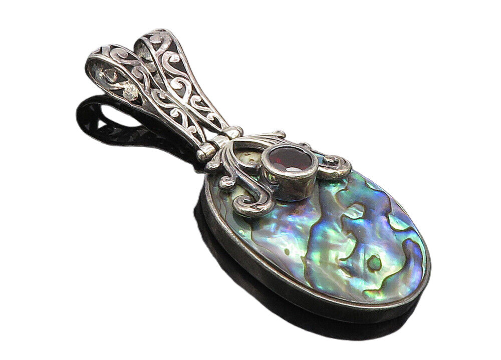 925 Sterling Silver  Vintage Abalone & Garnet Split Swirl Bail Pendant  PT7707
