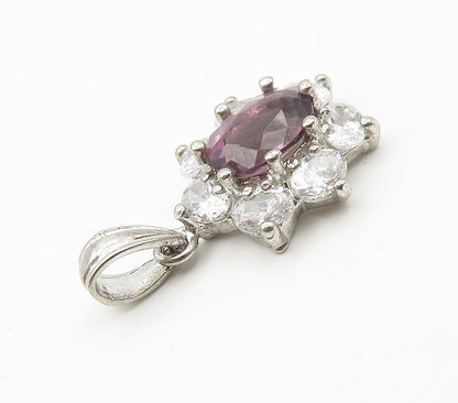 925 Sterling Silver  Vintage Amethyst & Cubic Zirconia Flower Pendant  PT11927