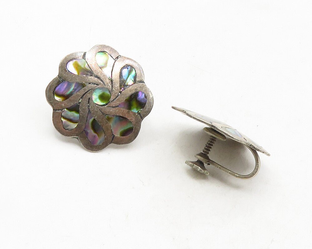 MEXICO 925 Sterling Silver  Vintage Abalone Floral Non Pierce Earrings  EG5271