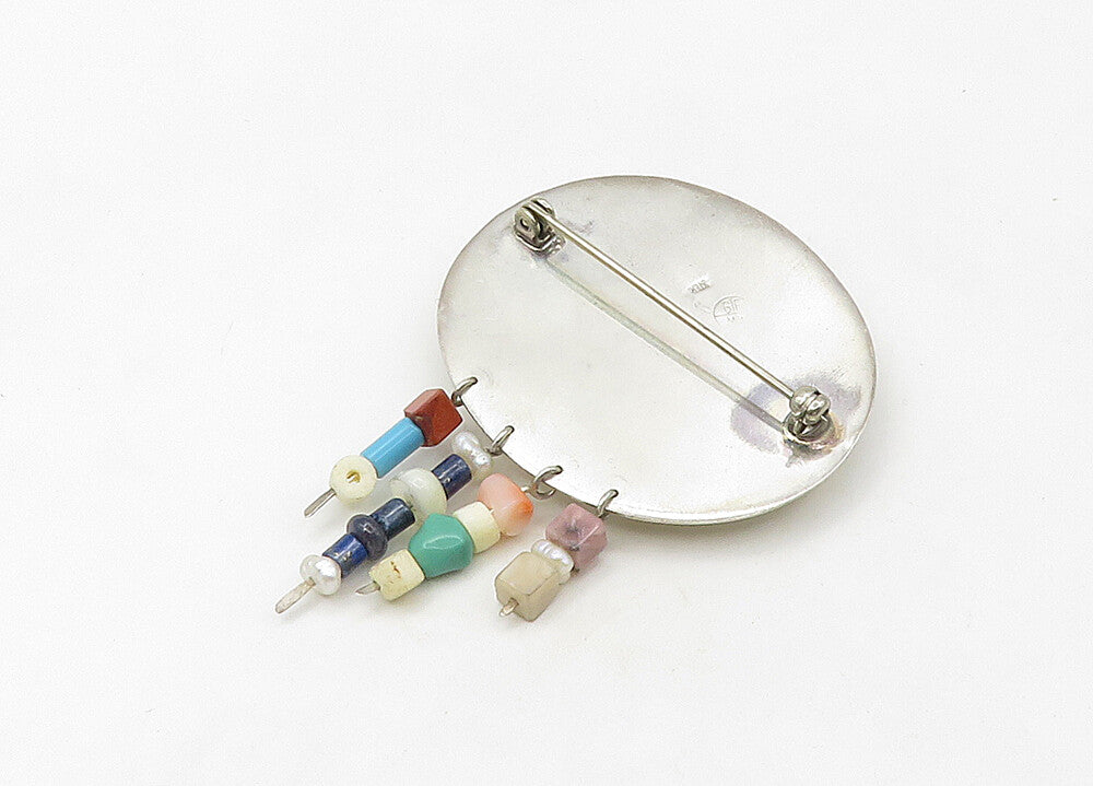 GFMW 925 Silver Vintage Lapis Lazuli & Multi Stone Beaded Brooch Pin BP8445