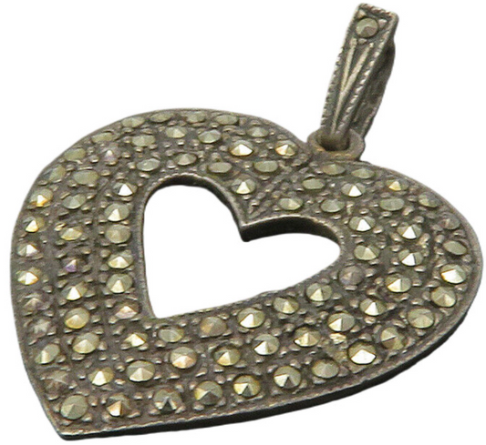 925 Sterling Silver  Vintage Marcasite Open Love Heart Drop Pendant  PT11322