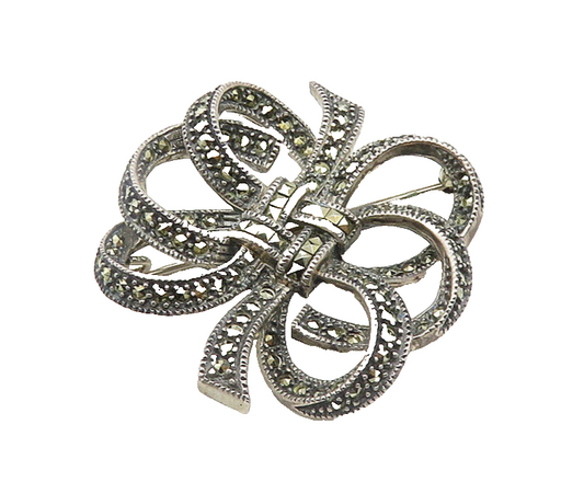 JUDITH JACK 925 Silver  Vintage Shiny Marcasite Ribbon Knot Brooch Pin  BP7655