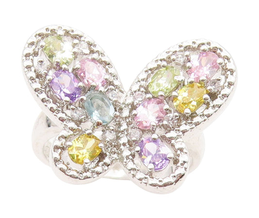 925 Sterling Silver Vintage Ring Colorful Gemstone Butterfly Band  Sz 8  RG34470