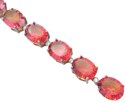 925 Sterling Silver Vintage Bracelet Orange Oval Cut Gemstone & CZ Links BT10751