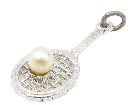 925 Sterling Silver  Vintage Petite Pearl Tennis Racket Sports Pendant  PT9204