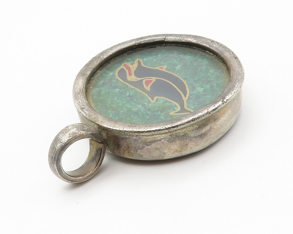 925 Sterling Silver  Vintage Turquoise Enamel Dolphin Motif Pendant  PT11122