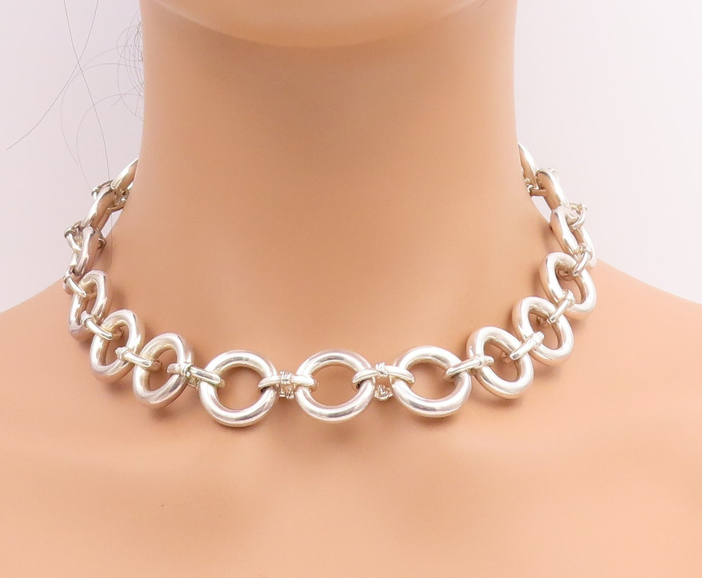 925 Sterling Silver Vintage Necklace Chunky Interlocking Circles Chain  NE4776