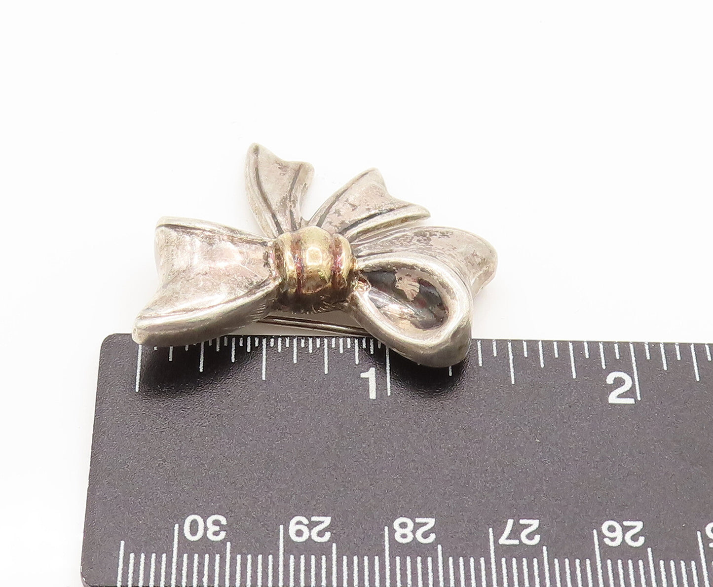 18K GOLD & 925 Silver  Vintage Two Tone Ribbon Bow Tie Brooch Pin  BP10150