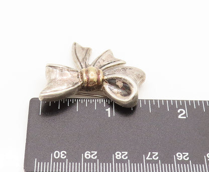 18K GOLD & 925 Silver  Vintage Two Tone Ribbon Bow Tie Brooch Pin  BP10150