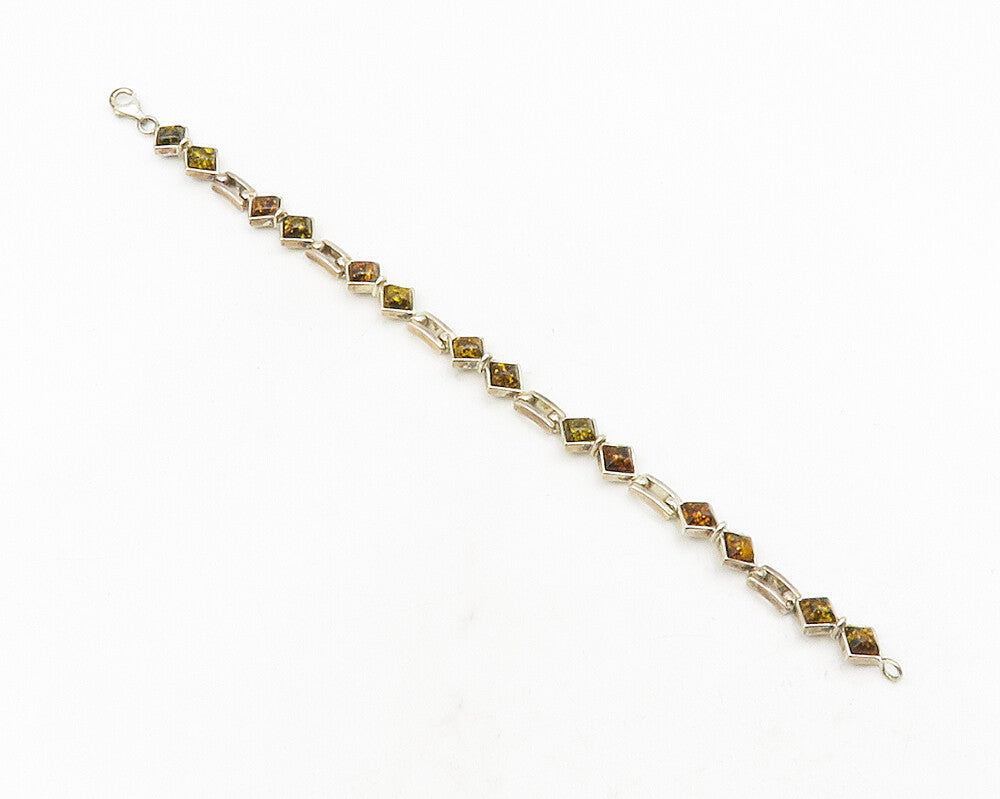 925 Sterling Silver  Vintage Cabochon Amber Hinge Link Chain Bracelet   BT4670