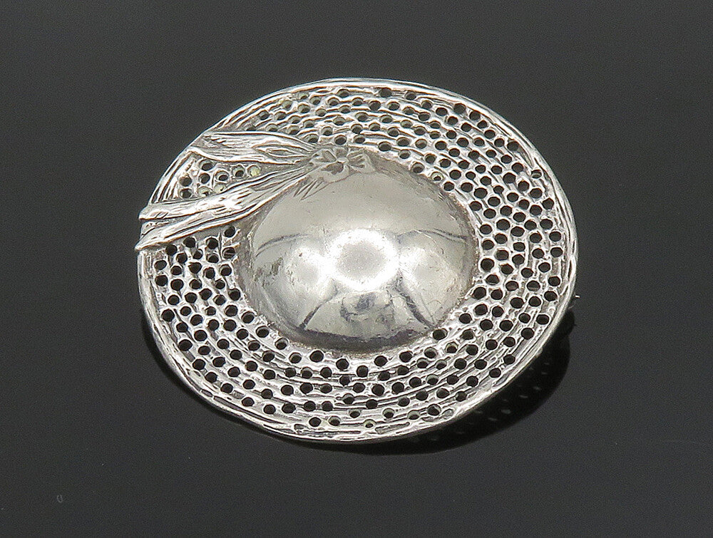 925 Sterling Silver  Vintage Ribbon Bead Ball Holes Cut Out Brooch Pin  BP9477