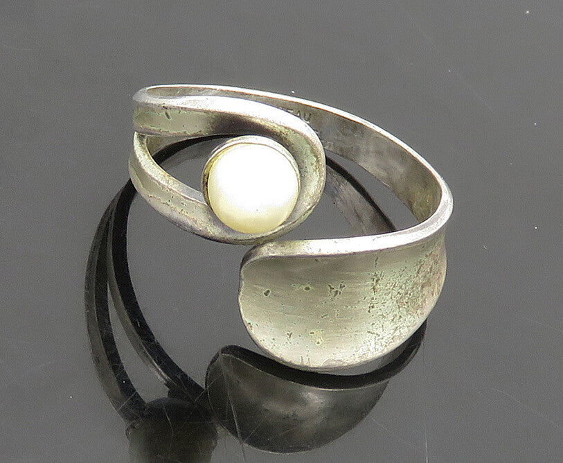 BEAU 925 Silver  Vintage Freshwater Pearl Bypass Band Ring Sz 10  RG19316