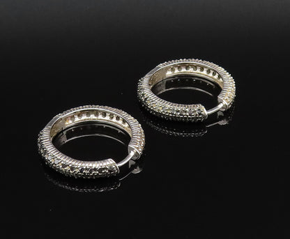 925 Silver  Vintage Black & White Genuine Diamonds Hoop Earrings  EG12069