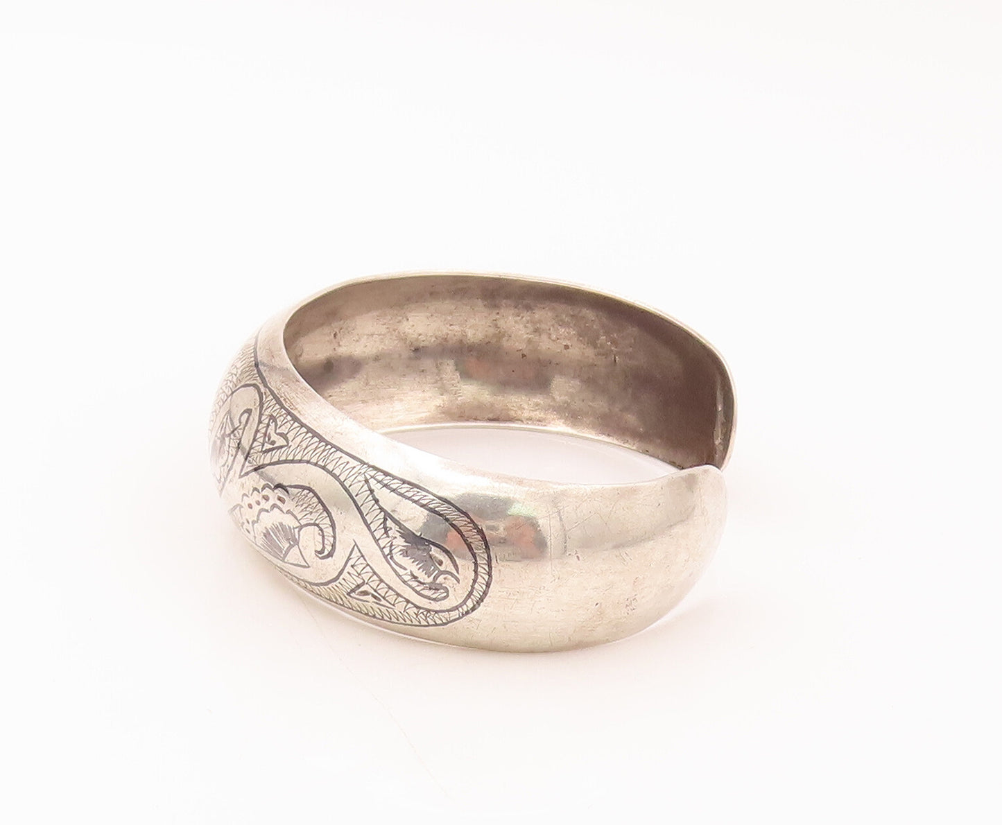 EAST EUROPE 925 Silver  Vintage Etched & Painted Floral Swirly Bracelet BT9904