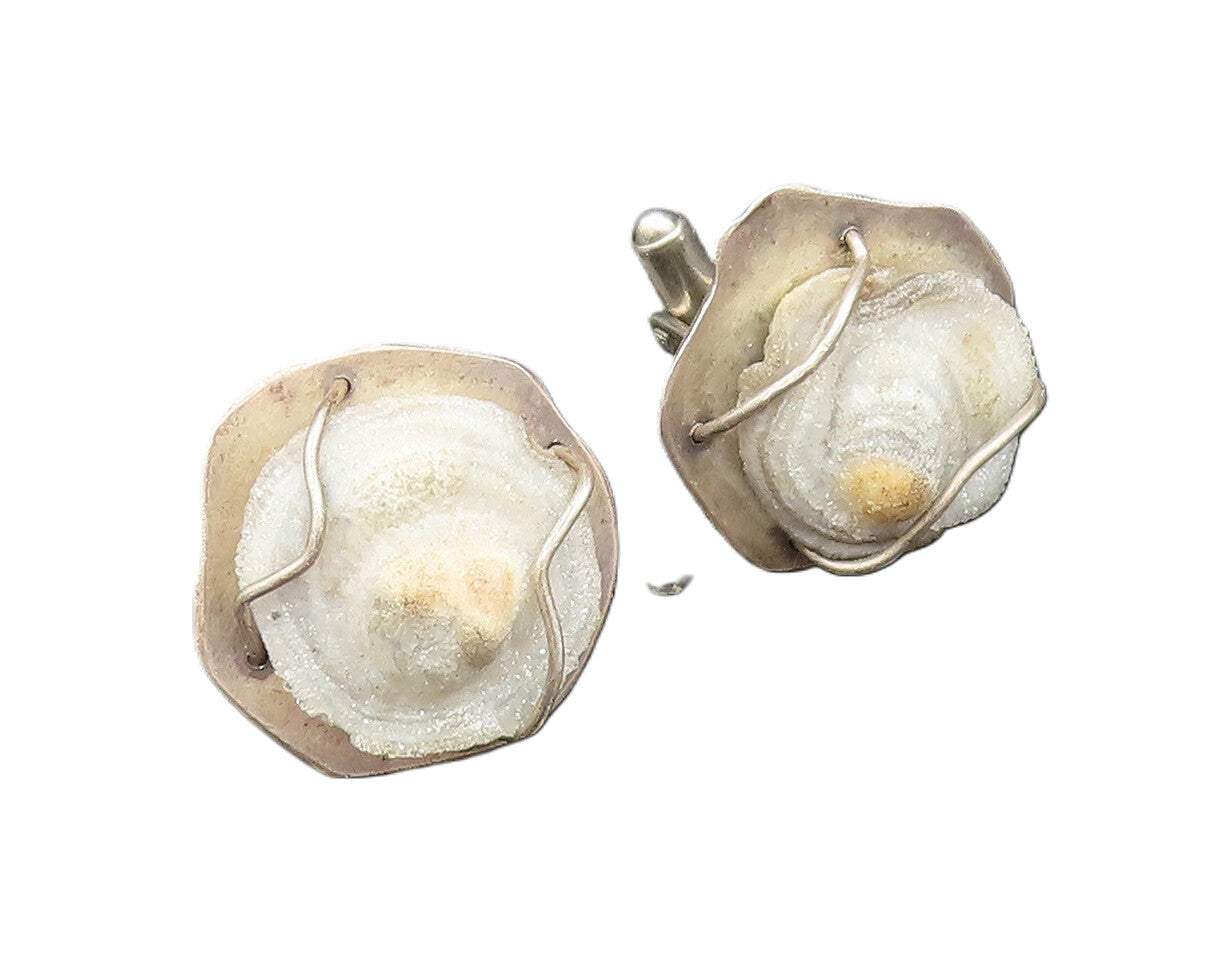 925 Sterling Silver  Vintage Carved Drusy Quartz Seashell Cufflinks  TR3353