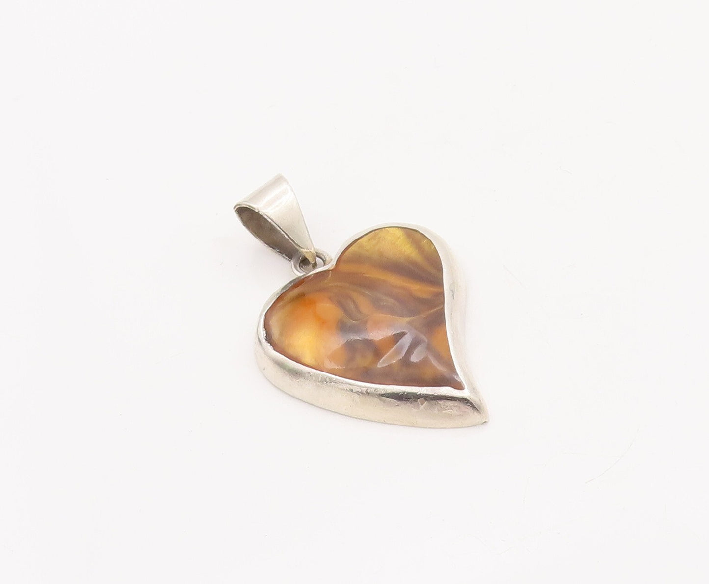 925 Sterling Silver Vintage Pendant MEXICO Solid Tiger's Eye Inlay Heart PT23458