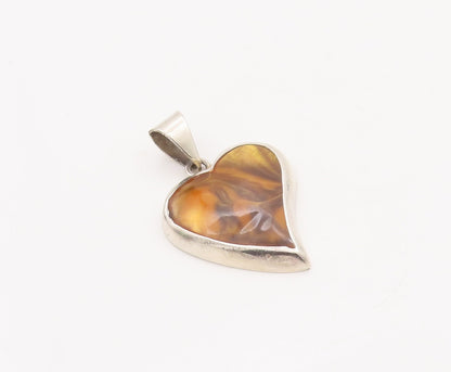 925 Sterling Silver Vintage Pendant MEXICO Solid Tiger's Eye Inlay Heart PT23458