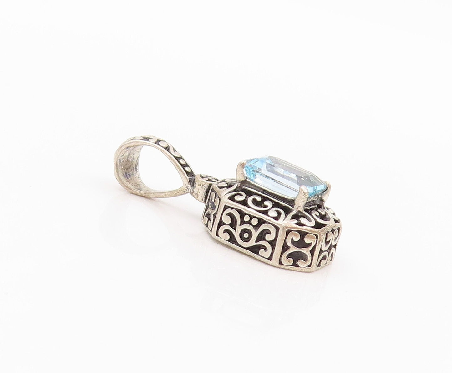 925 Sterling Silver Vintage Pendant Rectangle Blue Topaz Swirly Carved  PT23905