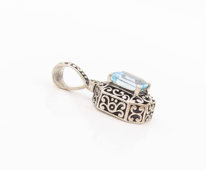 925 Sterling Silver Vintage Pendant Rectangle Blue Topaz Swirly Carved  PT23905