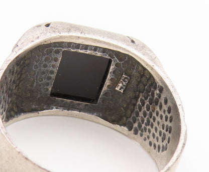 925 Sterling Silver Vintage Ring Onyx Etched Geometric Band  Sz 11.5  RG34001
