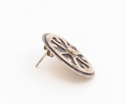 925 Sterling Silver Vintage Earrings Cabochon Garnet Geometric Wheel   EG14435