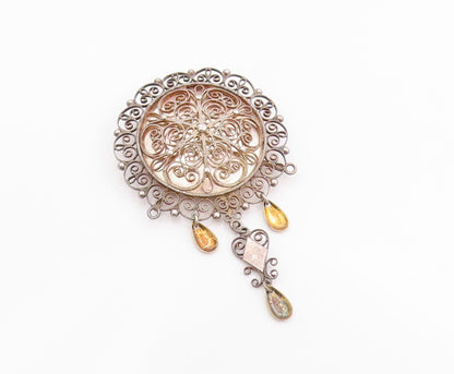 925 Sterling Silver Vintage Brooch EUROPE Floral Filigree With Dangles  BP11822