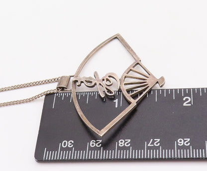925 Sterling Silver Vintage Necklace Dark Tone Cutout Chinese Hand Fan  NE4386