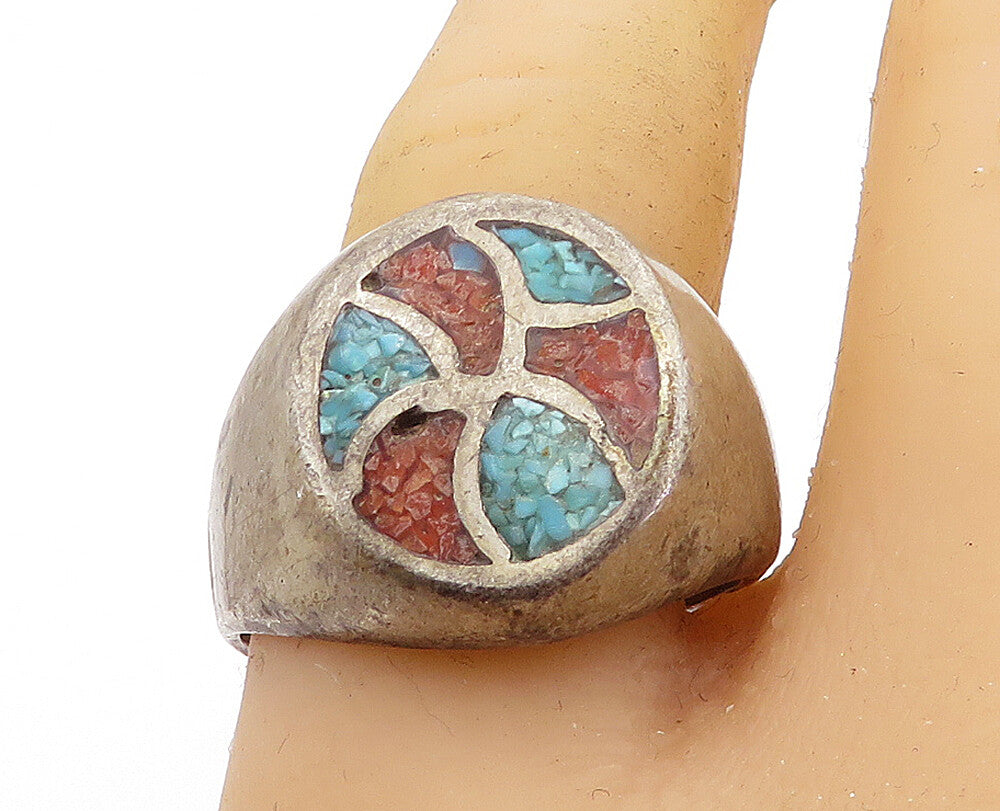 925 Silver  Vintage Antique Turquoise & Jasper Cocktail Ring Sz 9  RG7027