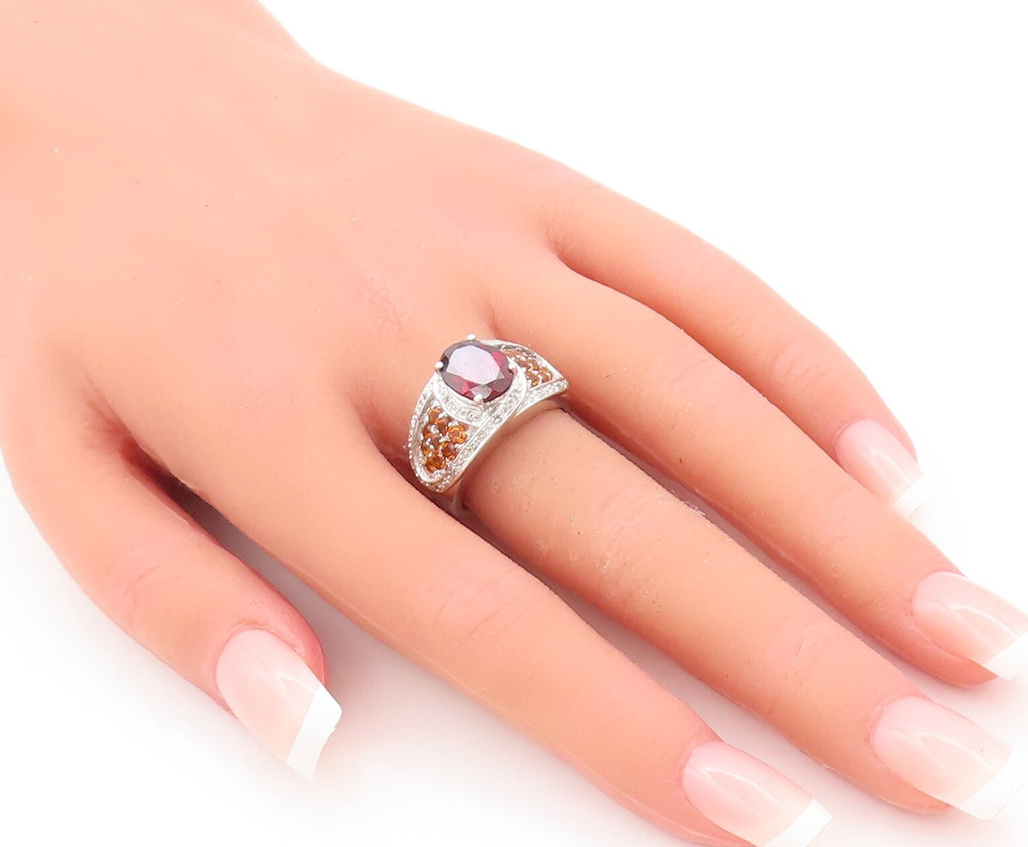 925 Sterling Silver Vintage Ring Oval Garnet Citrine & Topaz Inlay Sz 7  RG29455