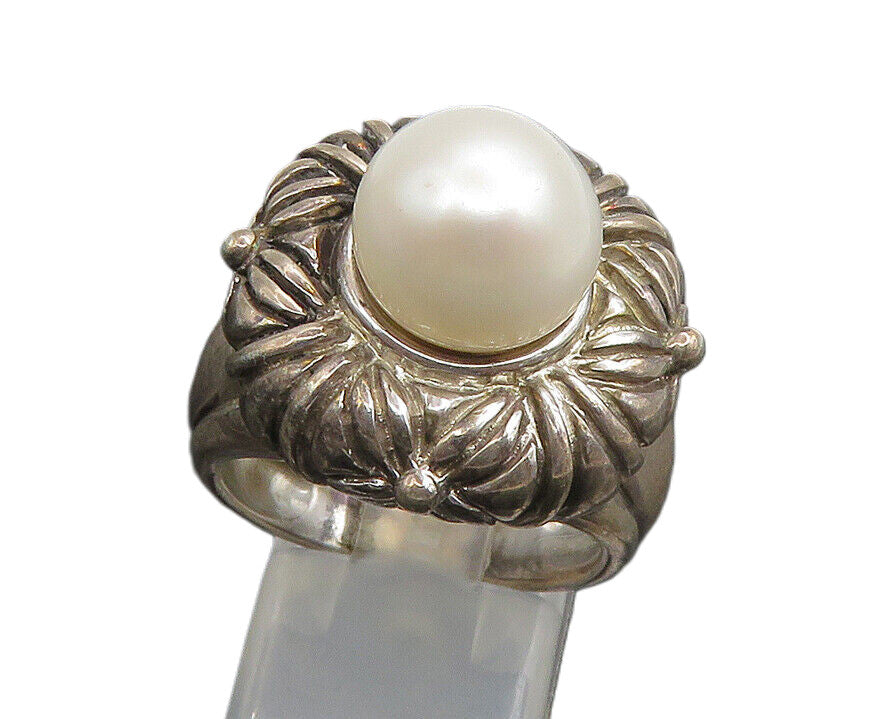 925 Sterling Silver   Vintage Cultured Pearl Floral Cocktail Ring Sz 8 RG23372