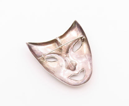925 Sterling Silver  Vintage Shiny Drama Theater Mask Brooch Pin  BP7882