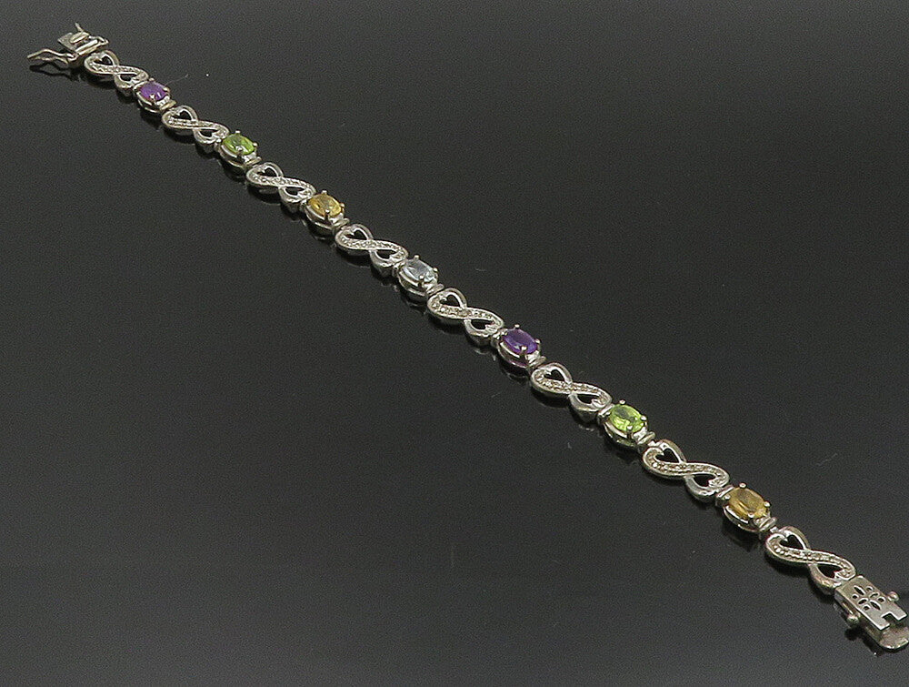925 Silver  Vintage Citrine Peridot Amethyst & Topaz Infinity Bracelet  BT9440