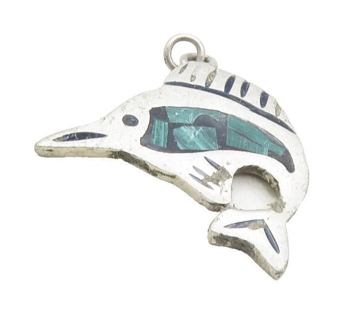 925 Sterling Silver  Vintage Malachite Mosaic Fish Motif Drop Pendant  PT7832
