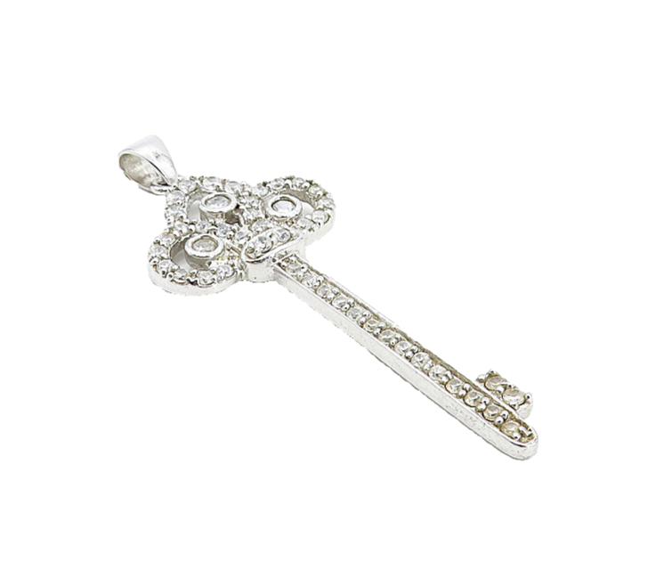 925 Sterling Silver  Sparkling White Topaz Key Motif Drop Pendant  PT6345