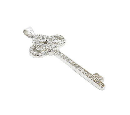 925 Sterling Silver  Sparkling White Topaz Key Motif Drop Pendant  PT6345