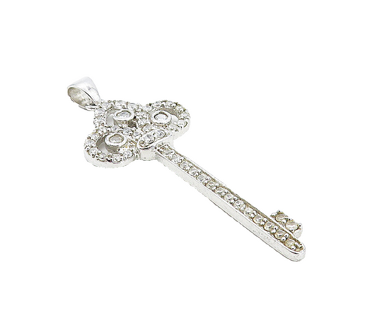 925 Sterling Silver  Sparkling White Topaz Key Motif Drop Pendant  PT6345