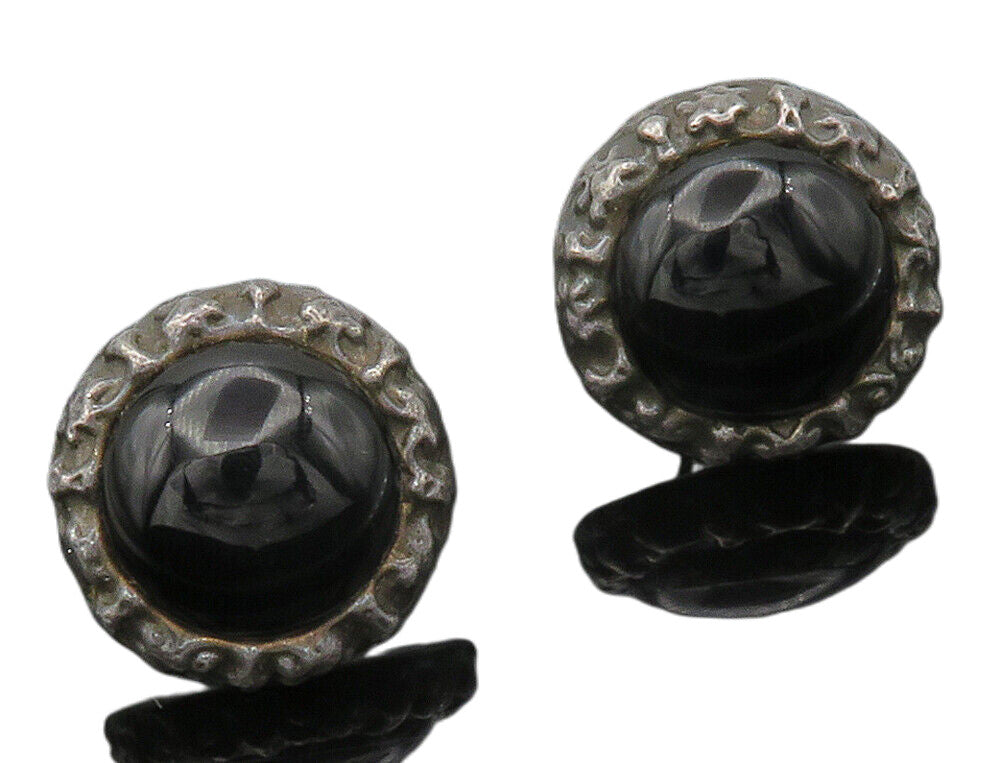 ISRAEL 925 Silver  Vintage Cabochon Black Onyx Non Pierce Earrings  EG7704