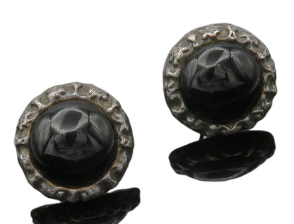 ISRAEL 925 Silver  Vintage Cabochon Black Onyx Non Pierce Earrings  EG7704
