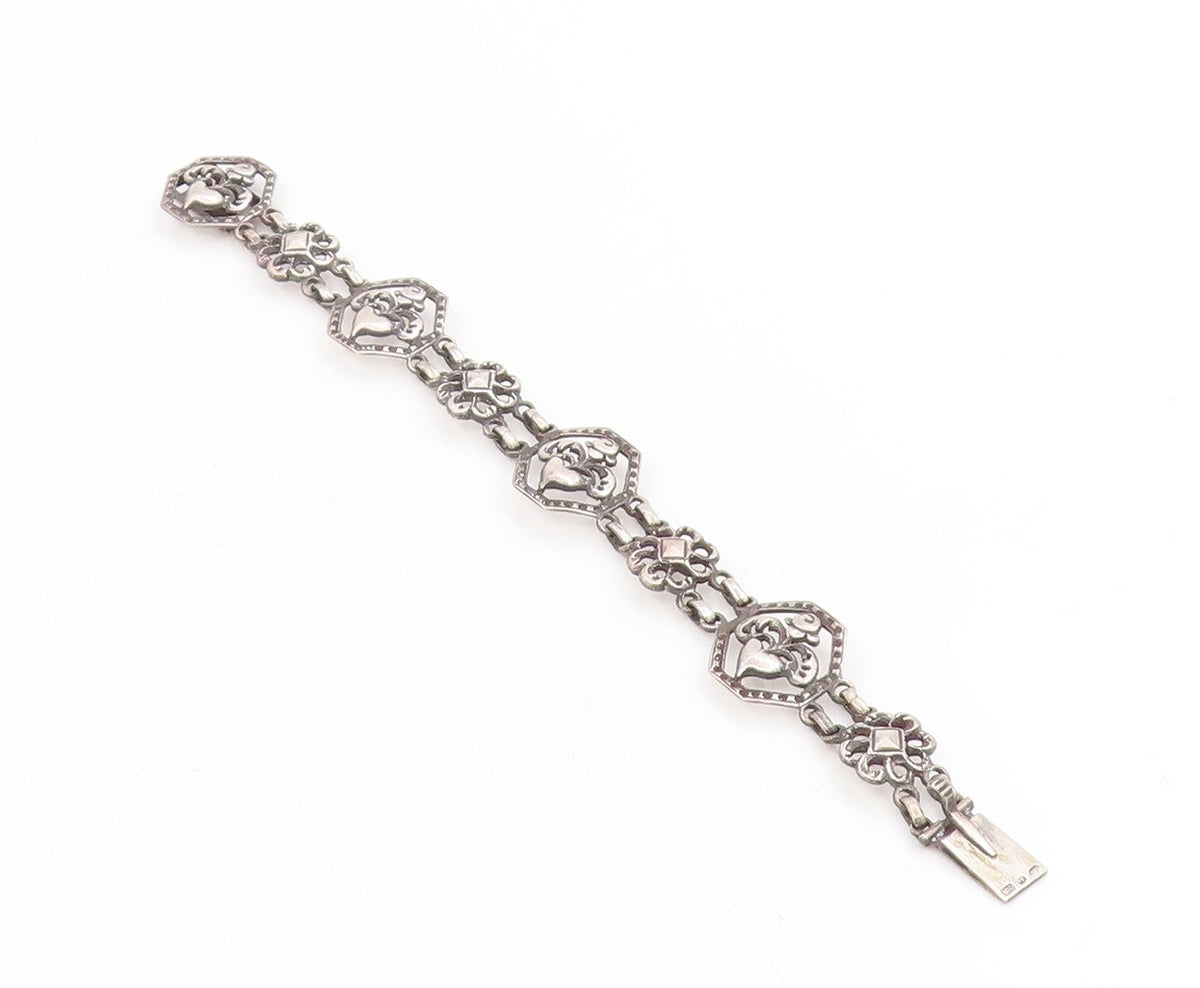 925 Sterling Silver Vintage Bracelet EUROPE Openwork Floral Love Heart  BT11736