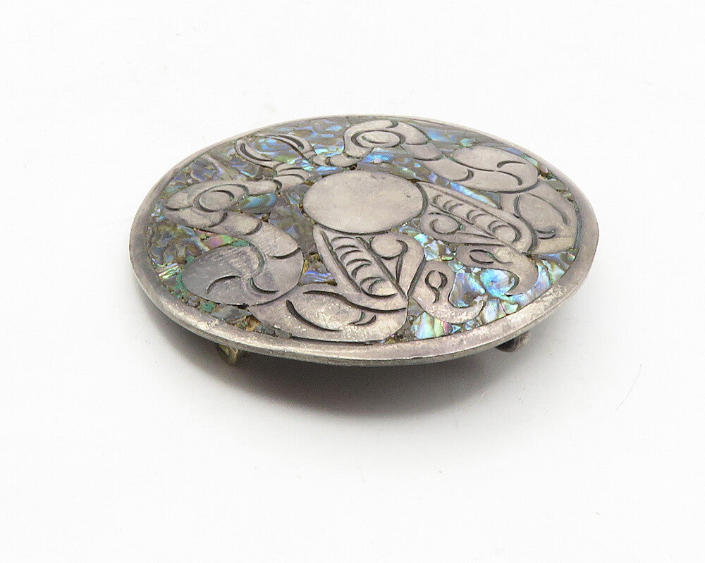 MEXICO 925 Sterling Silver  Vintage Abalone Etched Design Brooch Pin  BP3973