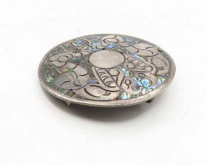 MEXICO 925 Sterling Silver  Vintage Abalone Etched Design Brooch Pin  BP3973