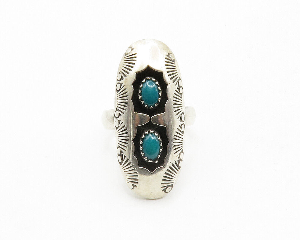 NAVAJO 925 Silver  Vintage Turquoise Etched 2 Stone Cocktail Ring Sz 7 RG12784