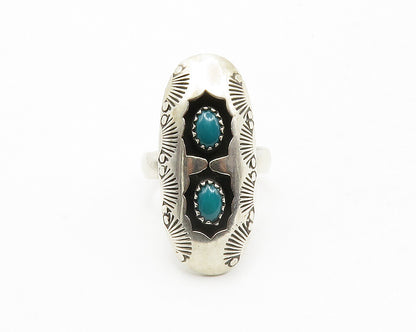 NAVAJO 925 Silver  Vintage Turquoise Etched 2 Stone Cocktail Ring Sz 7 RG12784