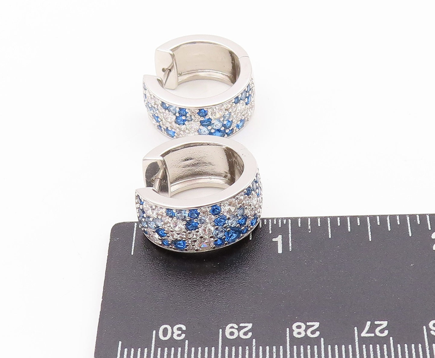 925 Sterling Silver Vintage Earrings Blue & White CZ Inlay Broad Hoops  EG13545