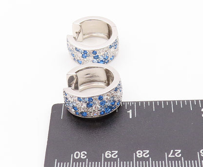 925 Sterling Silver Vintage Earrings Blue & White CZ Inlay Broad Hoops  EG13545