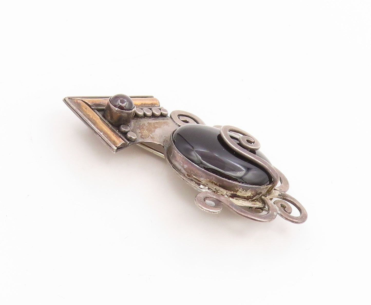 14k Gold & 925 Sterling Silver Vintage Brooch Pin Onyx & Garnet Women  BP12419