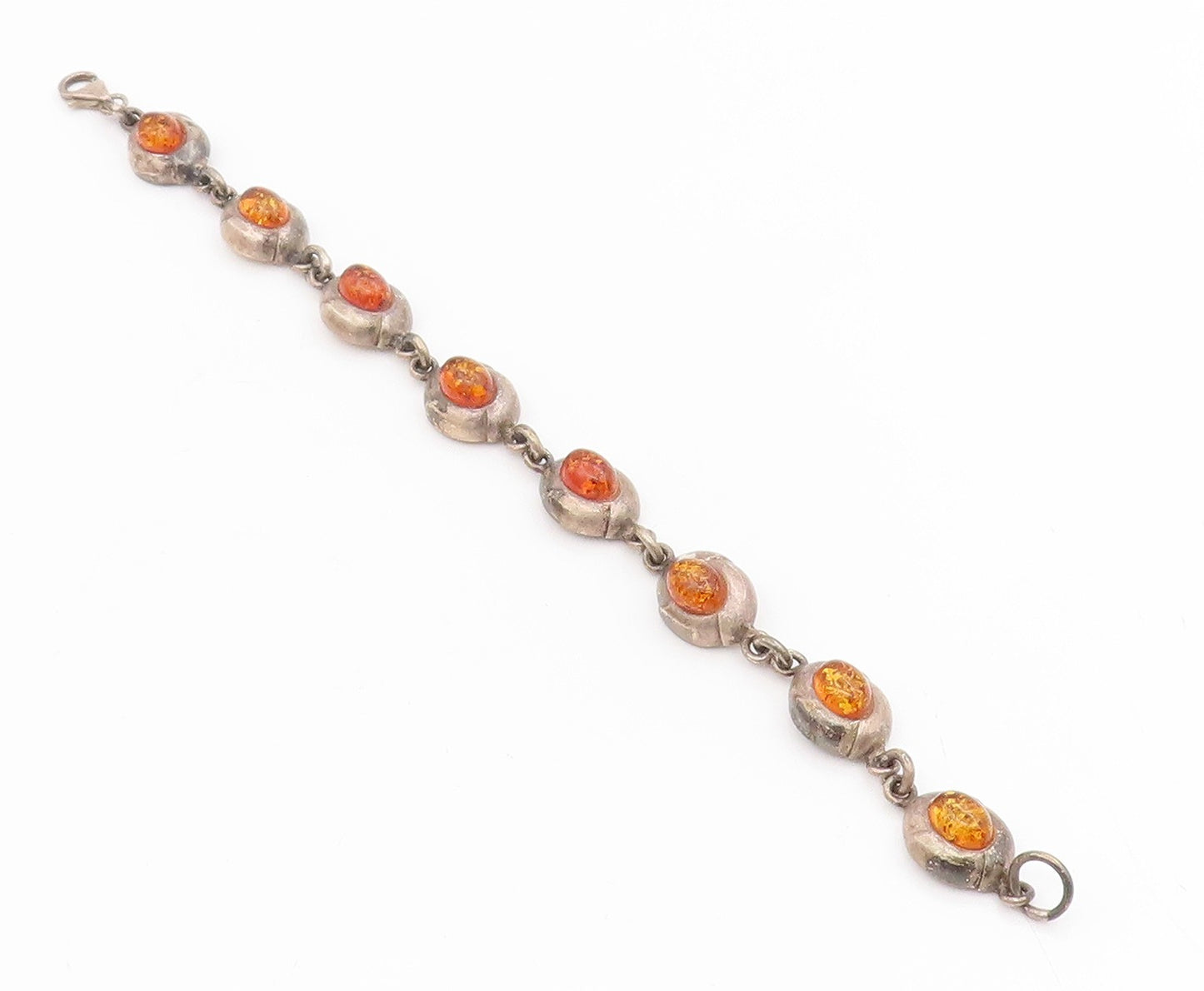 925 Sterling Silver Vintage Bracelet Cabochon Honey Amber Solid Link  BT11697