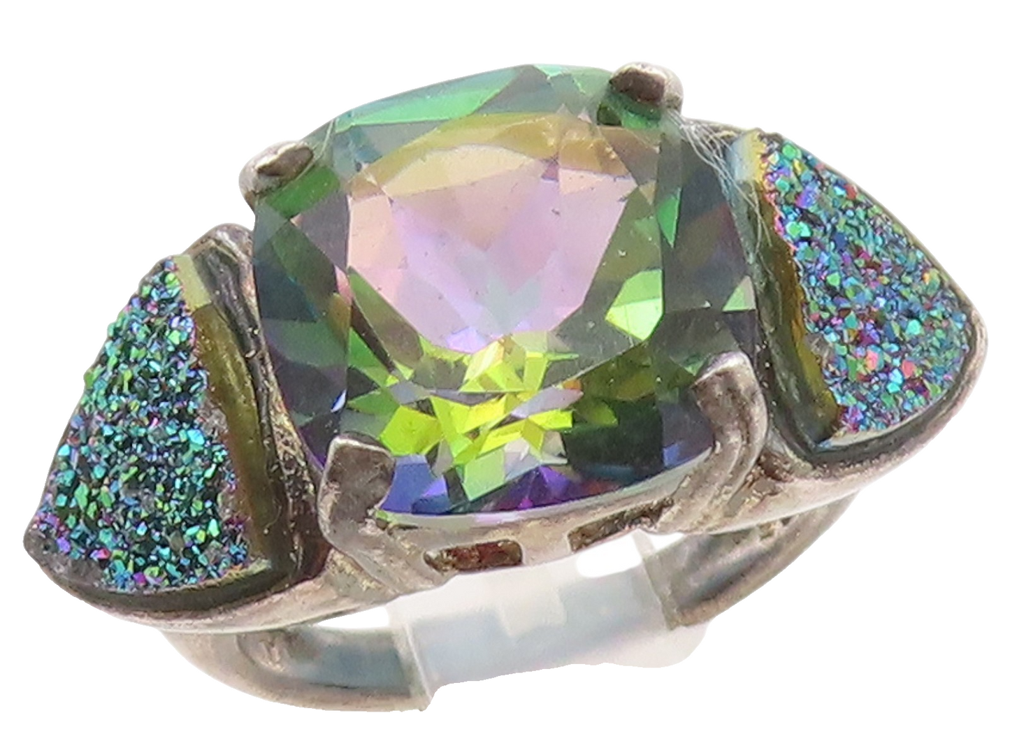 925 Sterling Silver Vintage Ring Mystic Topaz & Drusy Quartz Band  Sz 4  RG36501